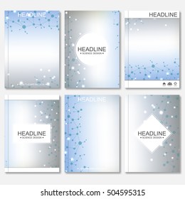 Modern vector templates for brochure, flyer, cover magazine or report in A4 size. Molecule structure and communication on the blue background..