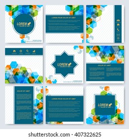 Modern vector templates for square brochure, cover, layout, card or magazine. Business, science, medicine and technology stationery mock-up. Background with colorful hexagons.