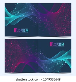 Modern vector templates for square cover brochure, flyer, catalog, magazine or annual report. Business, science and technology design. Connecting lines and dots. Lines plexus. Card surface. Wave flow