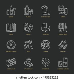 Modern vector thin line icons of waste sorting, recycling. Garbage collection. Recyclable trash - paper, glass, plastic, metal, wood. Linear pictogram for poster, brochure of recycling management.