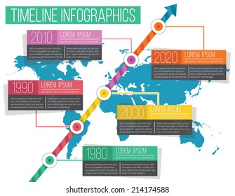 Modern Vector Timeline Infographics with Map of The World. Flat Design Concept Infographics Template Isolated on White Background.