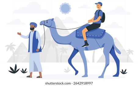 "Vetor moderno de turista montando um camelo liderado por guia local no deserto com pirâmides. Perfeito para viagens, aventura cultural, turismo no Oriente Médio e conceitos de experiência de safári.