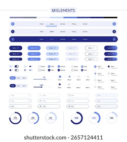 Kit de interface de usuário vetorial moderno com cabeçalhos, botões, campos de entrada, switches e outros componentes de interface da Web em estilo azul. Perfeito para criação de protótipos, design de aplicativos e layout ágil.