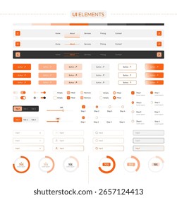 Modern vector UI kit with headers, buttons, input fields, switches, and other web interface components in orange style. Perfect for prototyping, app design, and responsive layout creation.