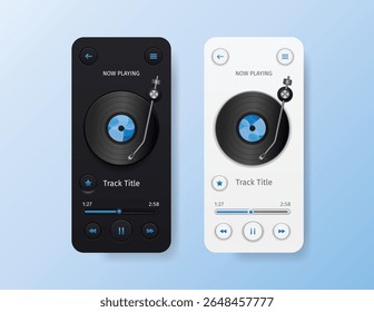 Modern vector UI kit with vinyl record media player interfaces in dark and light themes. Realistic 3D style, blue accent colors. Perfect for apps, web design, music platforms, and presentations.