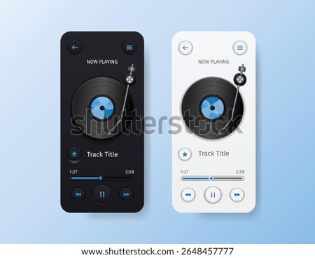 Modern vector UI kit with vinyl record media player interfaces in dark and light themes. Realistic 3D style, blue accent colors. Perfect for apps, web design, music platforms, and presentations.