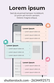 A modern vector UI mockup of a mobile to-do list app interface featuring editable text boxes, task lists, and colorful icon elements. Includes placeholder "Lorem Ipsum" text for layout demonstration. 