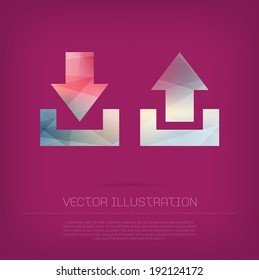 Modern vector upload and download icons with colorful polygonal texture