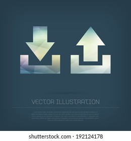 Modern vector upload and download icons with colorful polygonal texture