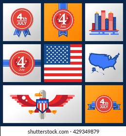 Modern vector USA Independence Day badges set with American national symbols. Flag, eagle, map, 4th oh July