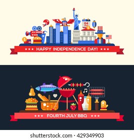 Modern vector USA Independence Day and Barbecue banners set with national holiday, famous American symbols