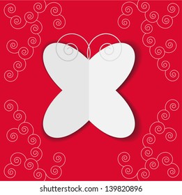 modern vector valentine card design with paper butterfly and spirals isolated on red background