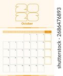 Modern vector vertical calendar sheet for October 2026, planner in English. Calendar in orange color.