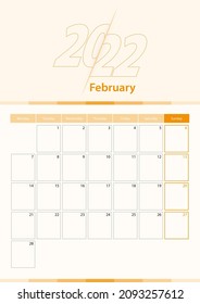 Modern vector vertical calendar sheet for February 2022, planner in English. Calendar in orange color.