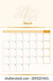 Hoja moderna de calendario vertical vectorial para marzo de 2022, planificador en inglés. Calendario en color naranja.