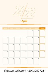 Modern vector vertical calendar sheet for April 2022, planner in English. Calendar in orange color.