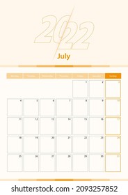 Modern vector vertical calendar sheet for July 2022, planner in English. Calendar in orange color.