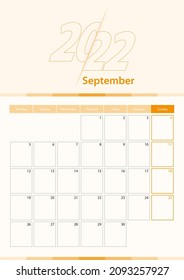 Modern vector vertical calendar sheet for September 2022, planner in English. Calendar in orange color.
