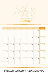 Modern vector vertical calendar sheet for October 2022, planner in English. Calendar in orange color.