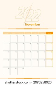 Hoja moderna de calendario vertical vectorial para noviembre de 2022, planificador en inglés. Calendario en color naranja.