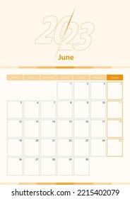 Modern vector vertical calendar sheet for June 2023, planner in English. Calendar in orange color.