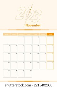 Modern vector vertical calendar sheet for November 2023, planner in English. Calendar in orange color.