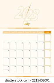 Modern vector vertical calendar sheet for July 2023, planner in English. Calendar in orange color.