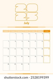 Modern vector vertical calendar sheet for July 2025, planner in English. Calendar in orange color.