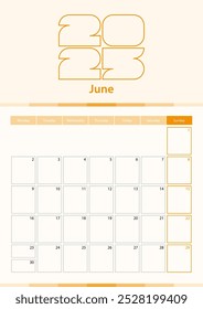 Folha de calendário vertical vetorial moderna para junho de 2025, planejador em inglês. Calendário na cor laranja.