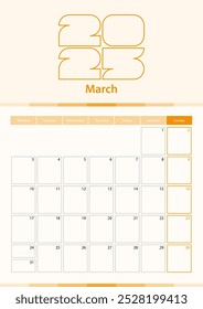 Modern vector vertical calendar sheet for March 2025, planner in English. Calendar in orange color.