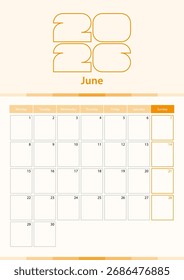 Modern vector vertical calendar sheet for June 2026, planner in English. Calendar in orange color.