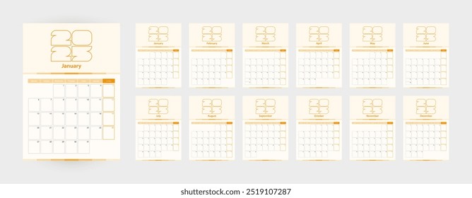 Calendario de Vertical de Vector moderno para el año 2025, planificador en inglés. Calendario en color naranja.