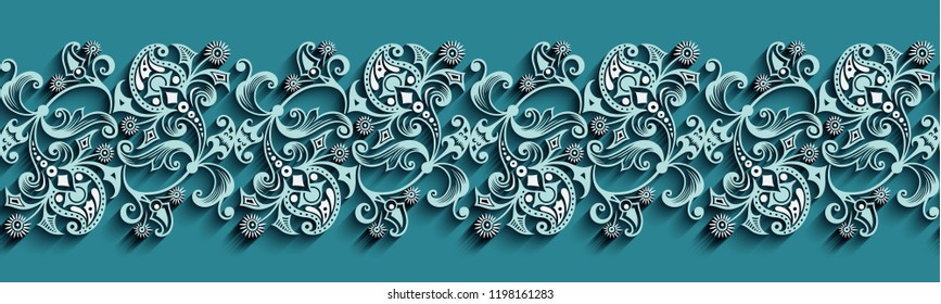 Modern vector volumetric floral ornamental stripe background. Trendy craft style illustration. 3d effect imitation