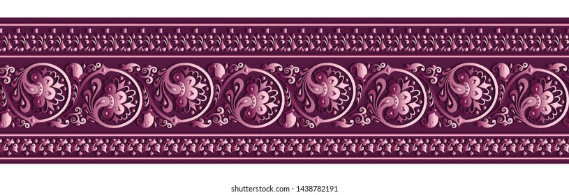 Modern vector volumetric floral ornamental stripe background. Trendy craft style illustration. 3d effect imitation