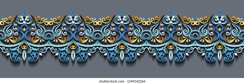 Modern vector volumetric floral ornamental stripe background. Trendy craft style illustration. 3d effect imitation