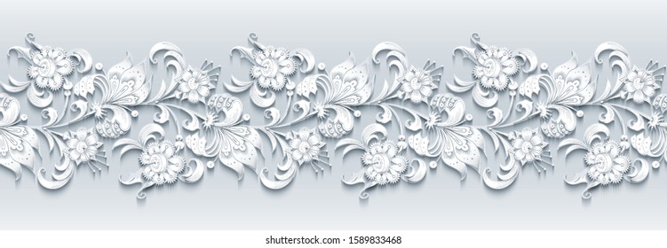 Modern vector volumetric floral ornamental stripe background. Trendy craft style illustration. 3d effect imitation