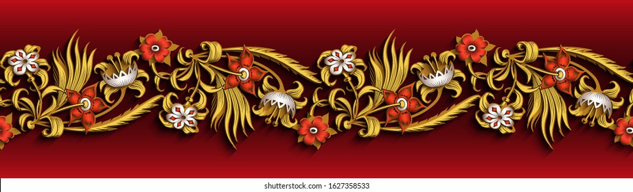 Modern vector volumetric floral ornamental stripe background. Trendy craft style illustration. 3d effect imitation