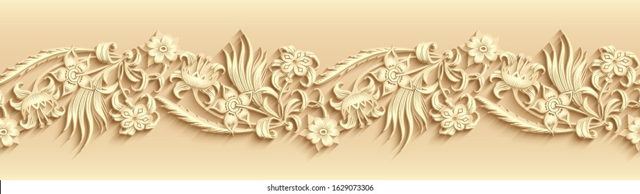 Modern vector volumetric floral ornamental stripe background. Trendy craft style illustration. 3d effect imitation