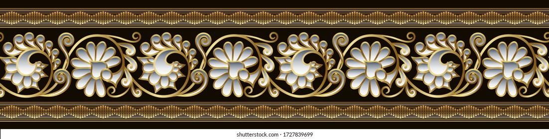 Modern vector volumetric floral ornamental stripe background. Trendy craft style illustration. 3d effect imitation