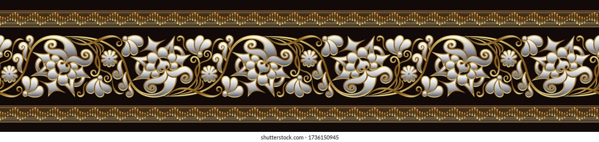 Modern vector volumetric floral ornamental stripe background. Trendy craft style illustration. 3d effect imitation