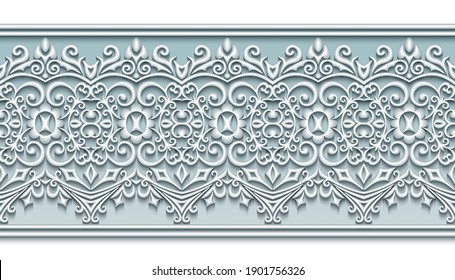 Modern vector volumetric floral ornamental background. Trendy craft style illustration. 3d effect imitation. Seamless stripe ornament