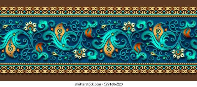 Modern vector volumetric floral ornamental stripe background. Trendy craft style illustration. 3d effect imitation