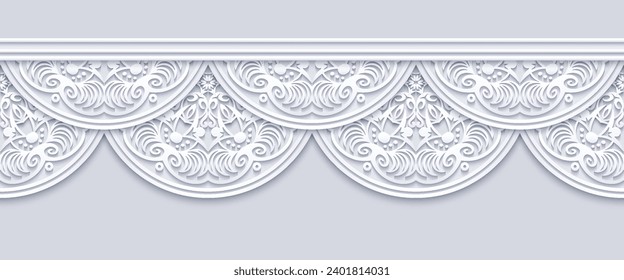 Modern vector volumetric floral ornamental stripe border. Trendy craft style illustration. 3d effect imitation. Hand drawn, not AI