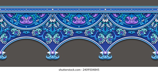 Modern vector volumetric floral ornamental stripe border. Trendy craft style illustration. 3d effect imitation. Hand drawn, not AI