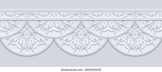 Modern vector volumetric floral ornamental stripe border. Trendy craft style illustration. 3d effect imitation. Hand drawn, not AI