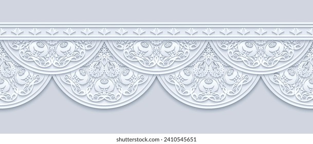 Modern vector volumetric floral ornamental stripe border. Trendy craft style illustration. 3d effect imitation. Hand drawn, not AI