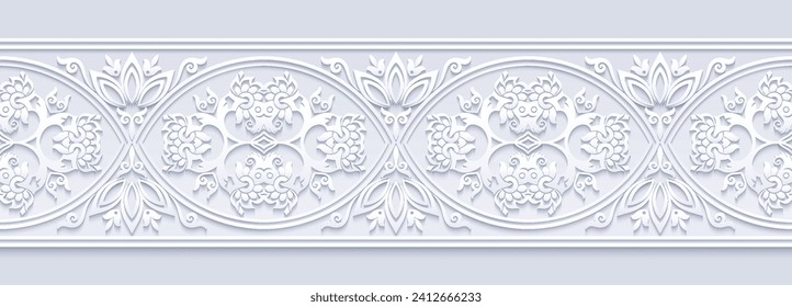 Modern vector volumetric floral ornamental stripe border. Trendy craft style illustration. 3d effect imitation. Hand drawn, not AI