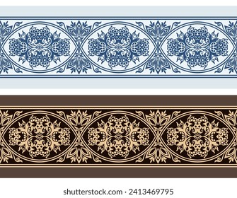 Modern vector volumetric floral ornamental stripe border. Trendy craft style illustration. 3d effect imitation. Hand drawn, not AI
