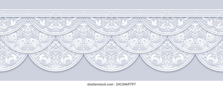 Modern vector volumetric floral ornamental stripe border. Trendy craft style illustration. 3d effect imitation. Hand drawn, not AI