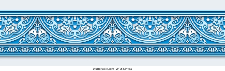 Modern vector volumetric floral ornamental stripe border. Trendy craft style illustration. 3d effect imitation. Hand drawn, not AI